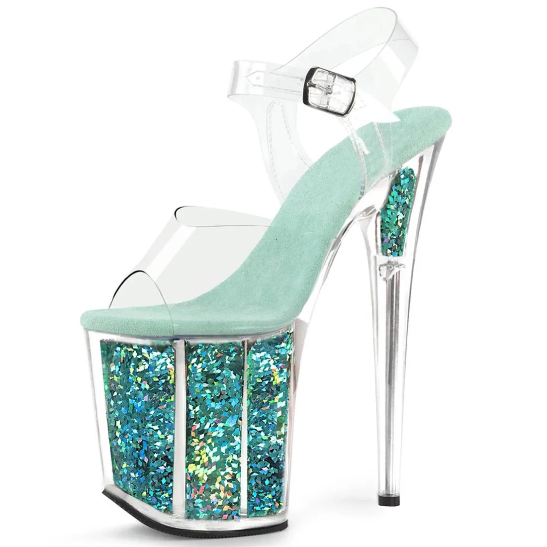 Summer Crystal PVC Womens Shoes Steel Pipe Dance Sandals 20CM Thin High Heels Stiletto Plus Size Sequins Platforms Pumps 260306