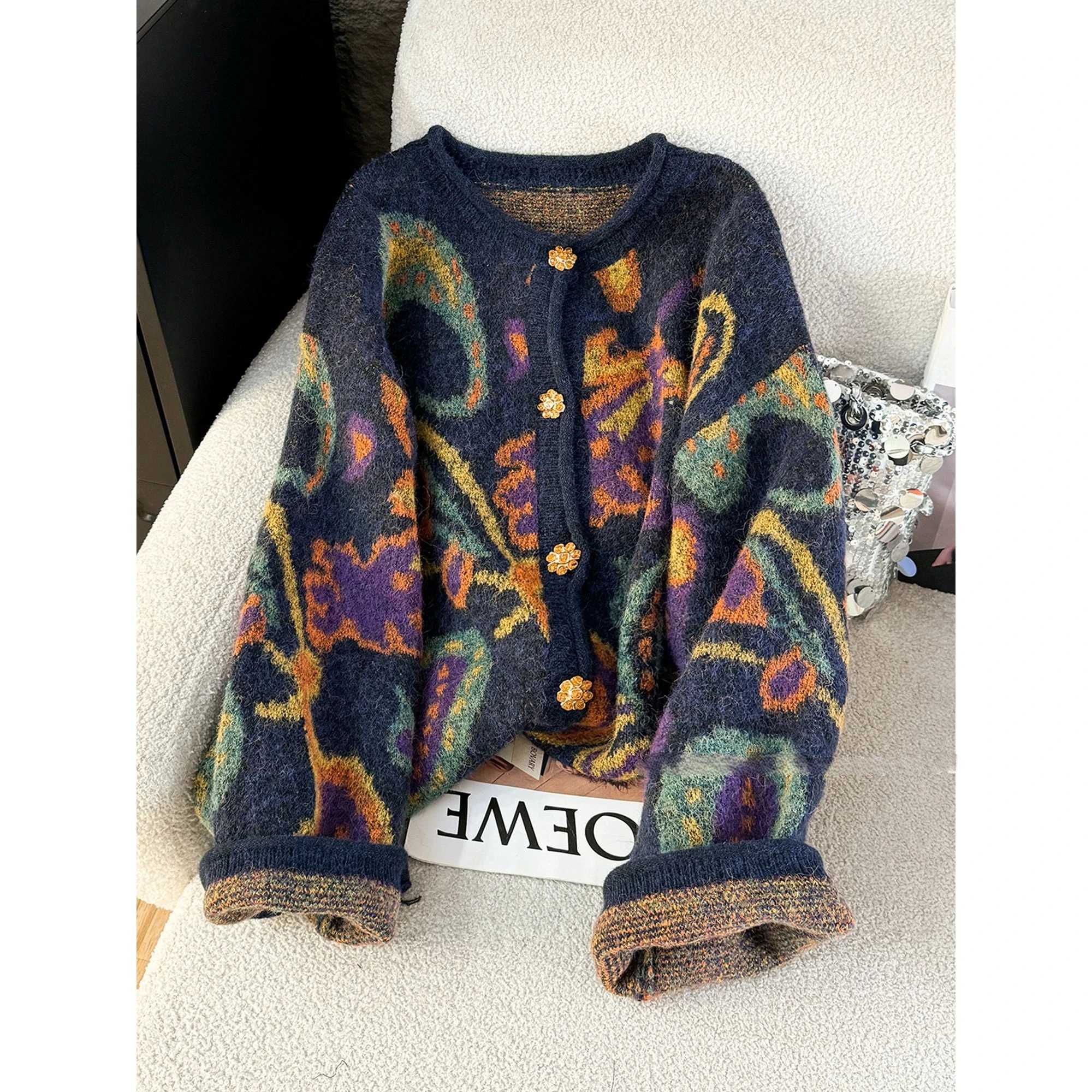 Autumn Retro Sweater Cardigan Women Korean Fashion Thick Metal Embroidery Knitted Gentle Vintage Clothes M260306