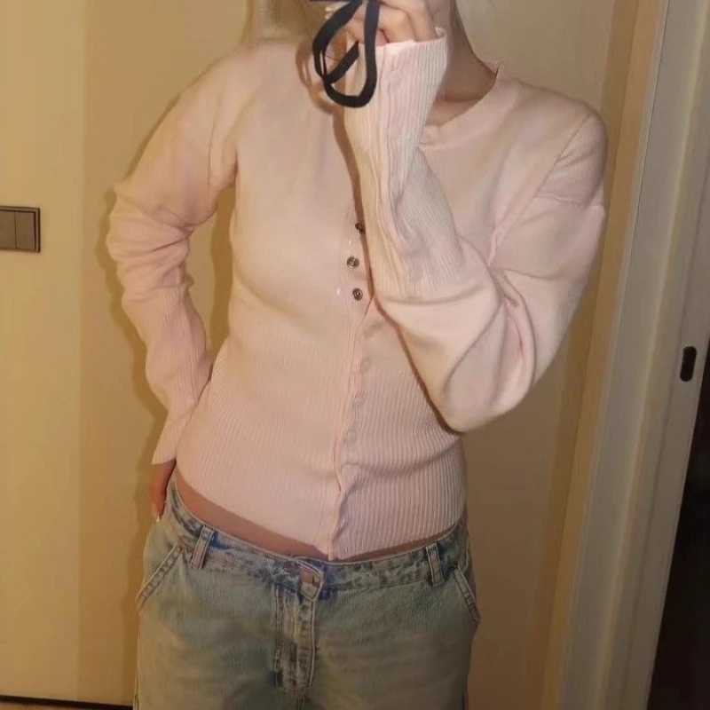 Pink Twist Cotton Long Sleeve Knitted Cardigan Women Simple Button Casual Preppy Style Jumper Sweet Cute Simple Sweater Top New M260306