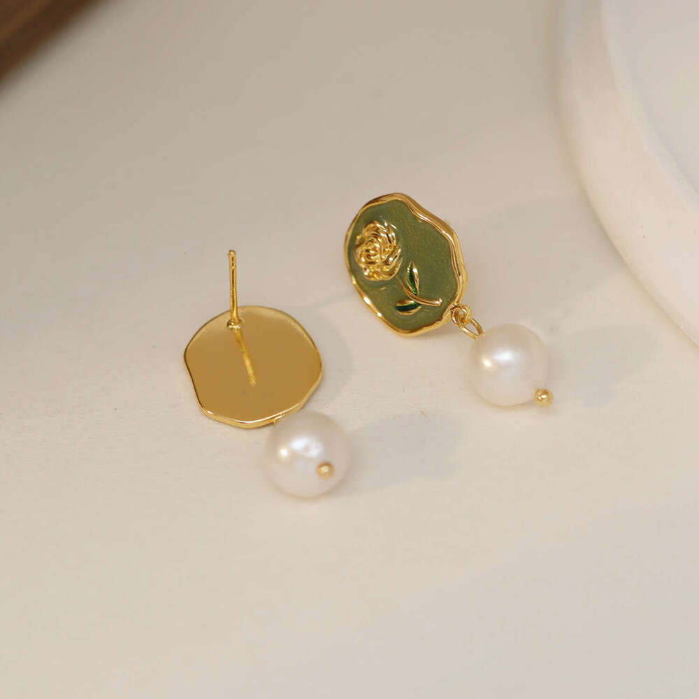 925 Silver Needle French Vintage Court Earrings With Natural Freshwater Pearls And Rose Flower Studs