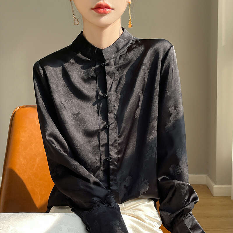 Mardi Hefxessdr Women's Long Sleeve Loose Fit Stand Collar Elegant All-Match Satin Fabric Imitation Chinese style shirt women's clothing