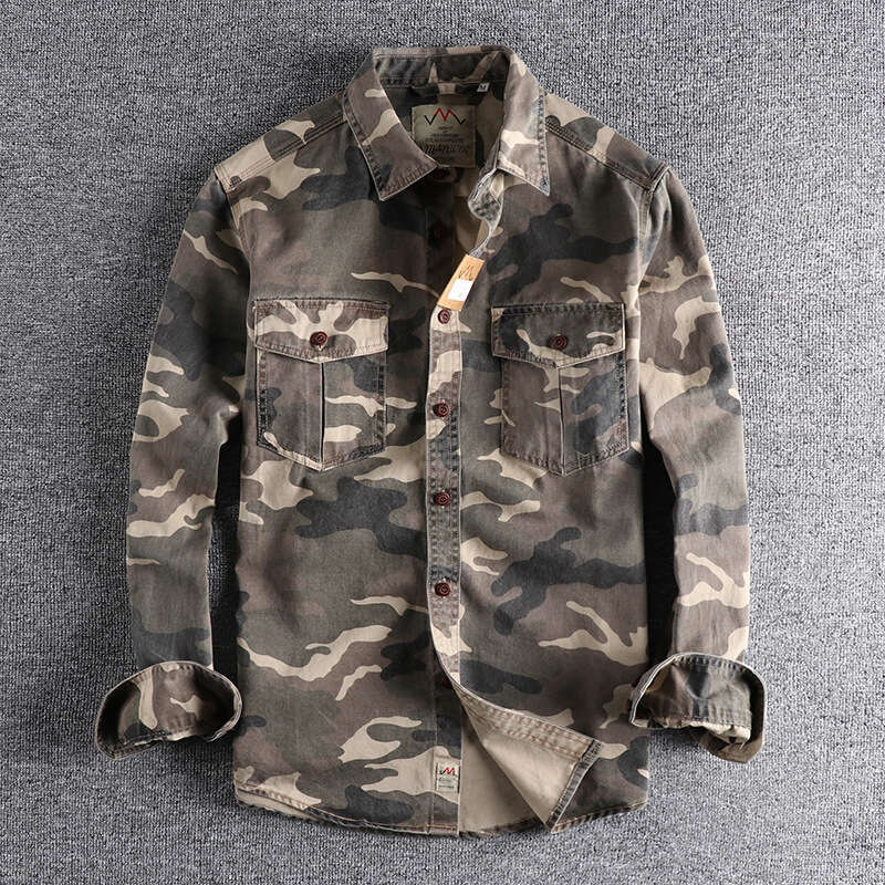 Khaki Foreign Trade Washed Camouflage American Workwear Long Sleeve Shirt for Men with Double Pockets Versatile Casual Military Youth Top