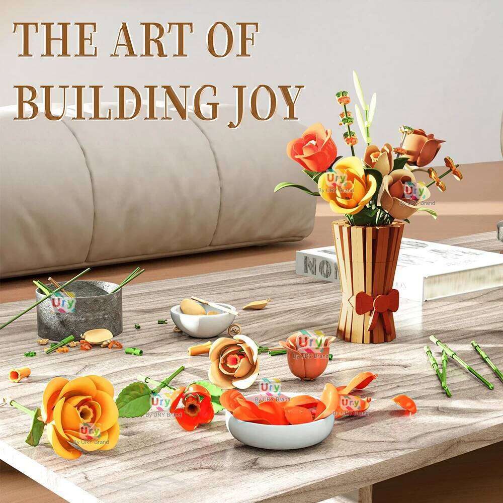 Flower Bouquet 3D Romantic Yellow Rose with Vase Set Assembly Building Block Model Home Decoration Valentine's Day Gift for Girl Z260305