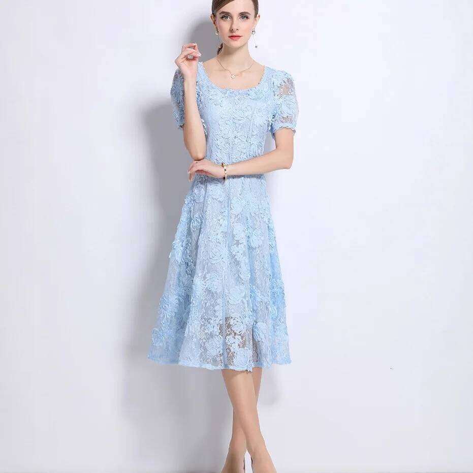 Sweet Luxury Formal Evening Long Dresses Women Short Sleeve 3D Flower Lace Embroidery Hollow Out Midi Dress Vestidos De Fiesta Mdng260306