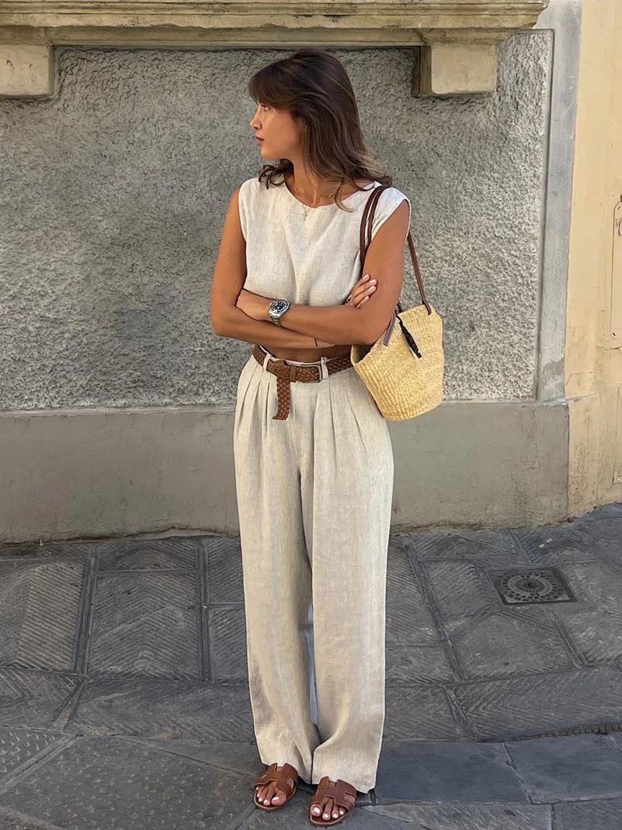 Bornladies Cotton Linen Vest Pants Set Womens Summer Office Lady Chic Short Vest Casual 2-Piece Set Female Long Pants Suits 260305