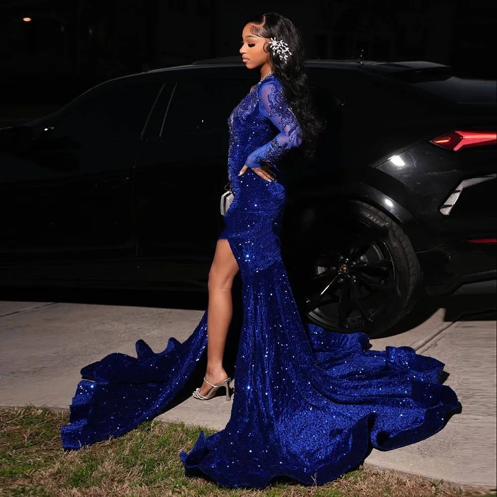 Sparkle Royal Blue Prom Dresses For Black Girls 2026 Sheer Long Sleeves Split Evening Gowns Women Red Carpet Runway Party Dress Customized J17
