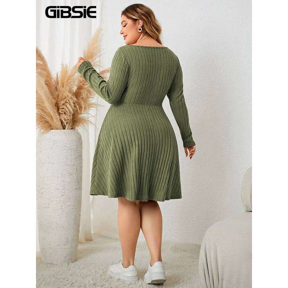 GIBSIE Plus Size Sweettheart Neck Knot Front A-Line Dress Women Fall New Vintage Long Sleeve Ribbed Knit Casual Winter Dresses