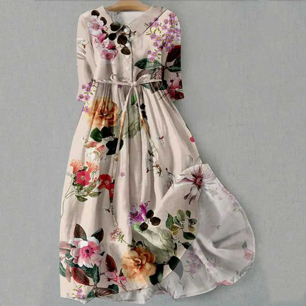 A-line Dress Bohemian Floral Print Midi Dress with Lace-up Detail A-line Silhouette for Women Spring Fashion Statement Women X260306