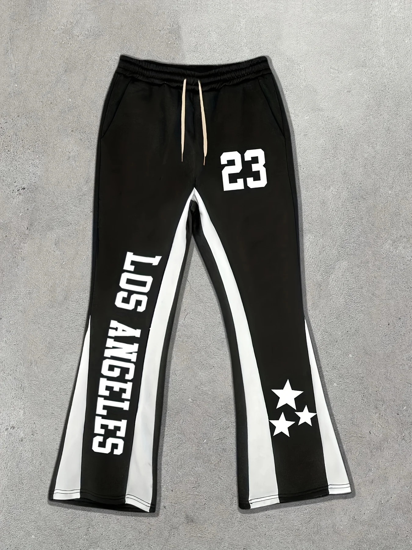 Mens Trendy American Street - style Black - White Color - Block Long Trousers with LA Letter Print Micro - Flared 260303