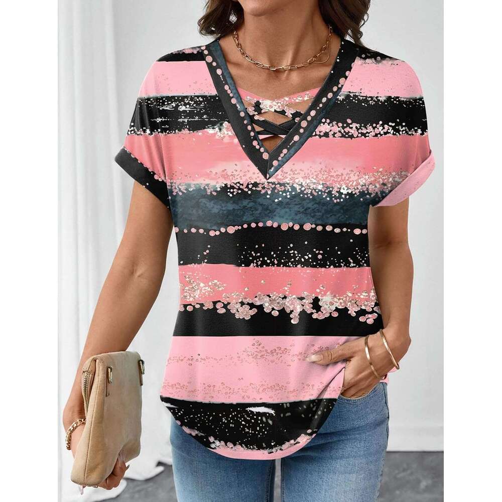 Short Sleeve Shirts Spring for Women 2026 V Neck Designer Criss Cross Tees Womens Summer Tops
