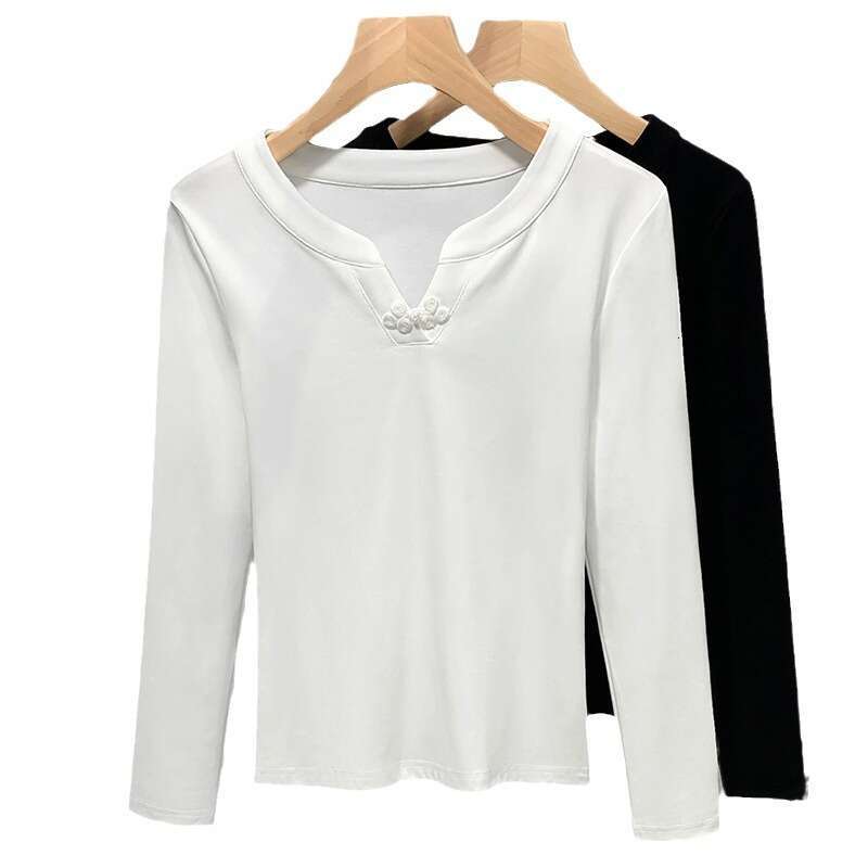 Cotton Autumn T Shirt for Women V Neck Sexy Slim Tops Long Sleeve Tshirt Basic Solid Y2k Streetwear Skinny Female Tee New Chinese style buttoned top