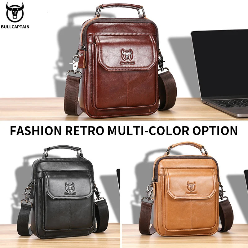 BULLCAPTAIN Mens Genuine Leather Shoulder Bag Multifunctional 79-inch Tablet Handbag Retro Casual Crossbody Bag Cowhide 260305