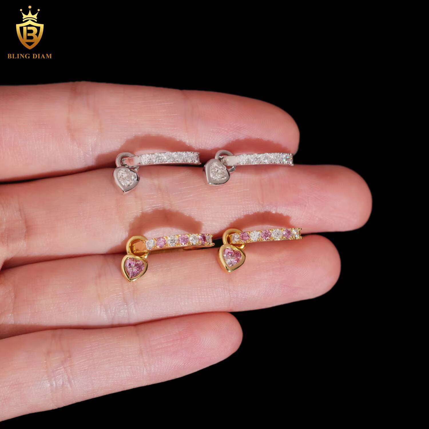 Luxury Jewelry 925 Stirling Silver Gold Plated Vvs Moissanite Pink Diamond Love Heart-Shaped Pink Earrings Hoop Cute