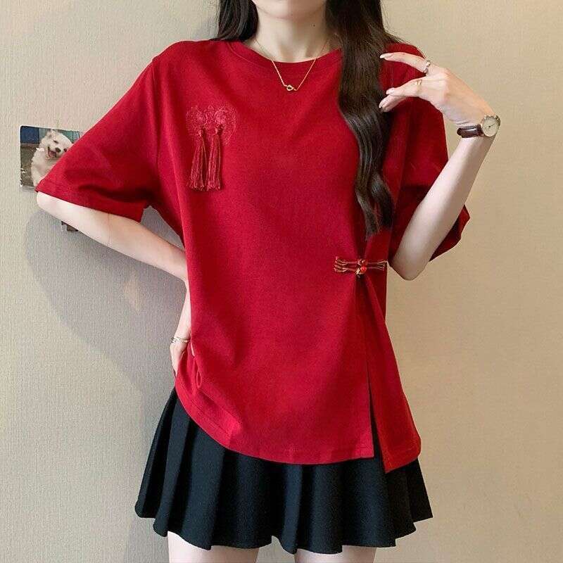 Chinese ethnic style retro red split design short sleeve T-shirt women's summer fashion plus size new loose casual top Casual round Pullover Spli