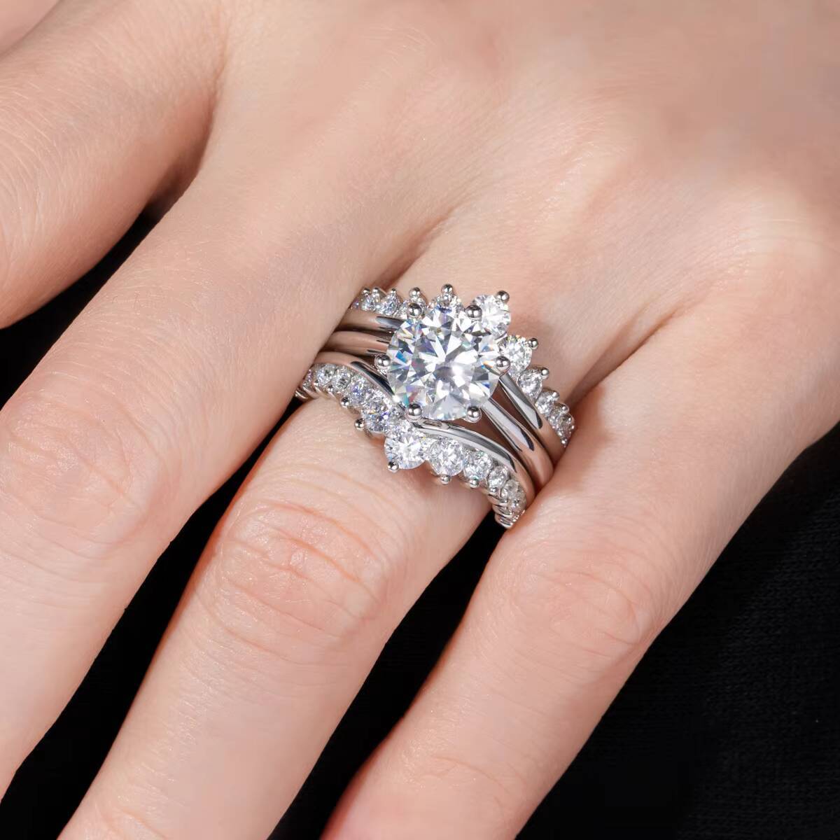 PYQ Luxury 3 Moissanite Ring Set 925 Sterling Silver Subtle High-End Wedding Exclusive Design