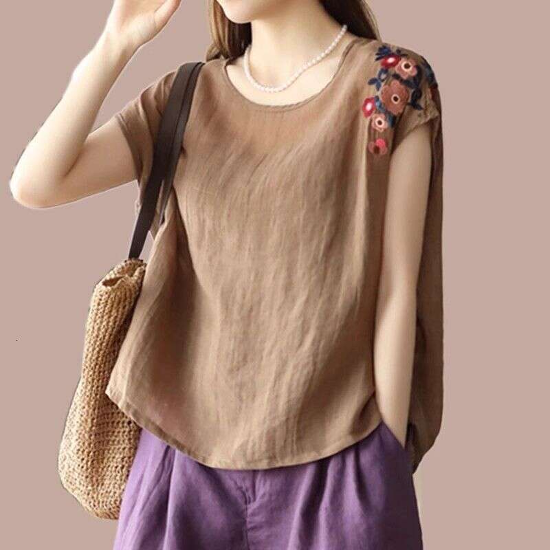 Chinese Style Embroidered Cotton Linen Short-sleeved T-shirt for Women's Summer New Style Thin Sleeveless Top