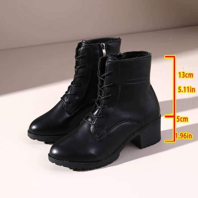 2025 Winter Korean-Style Genuine Soft Leather Ankle Boots - Chunky Heel, Round Toe, Lace-Up, Comfortable