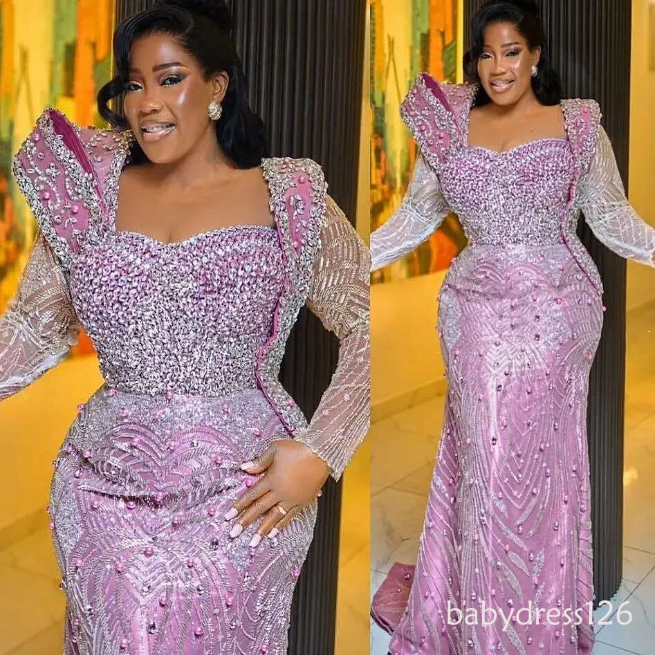 Aso Ebi Pink Dress 2026 Mermaid Prom Pearls Crystals Full Sleeves Evening For Black Women Birthday Party Formal Receiption Gowns Dresses ZJ072