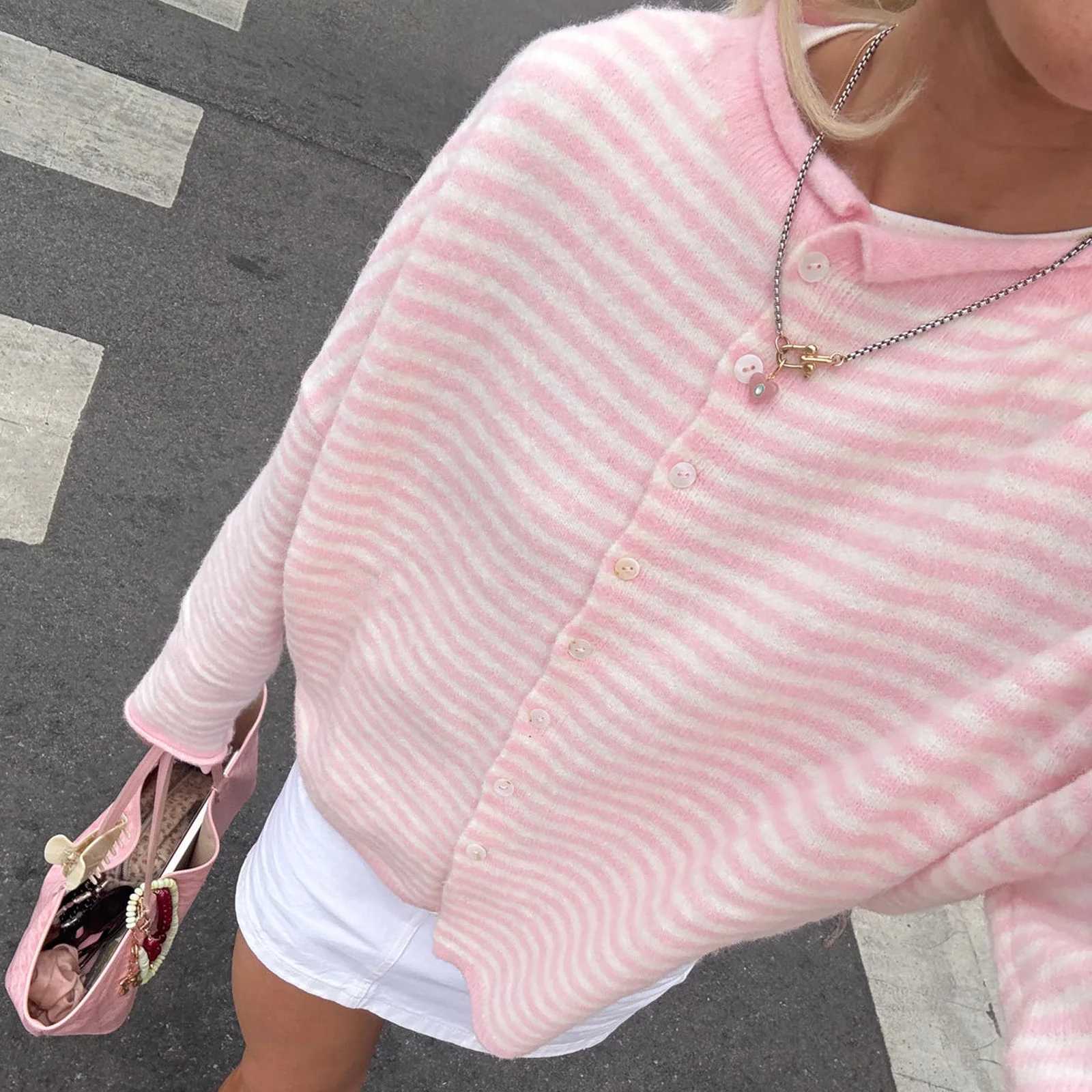 Casual Loose Cardigan For Women Autumn Long Sleeve Knitwear Y2K Outerwears Womens Fashion Stripes Sweater Female Top M260306