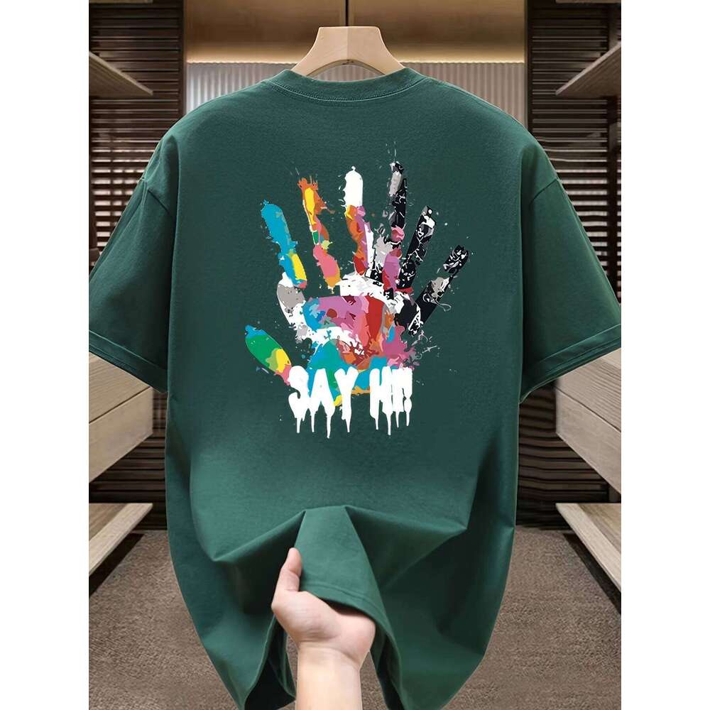 Men's Summer 100 Cotton Fashionable Casual Sports Loose Large Size Color Handprint Round Neck Short Sleeve T-shirt Top 26H0306