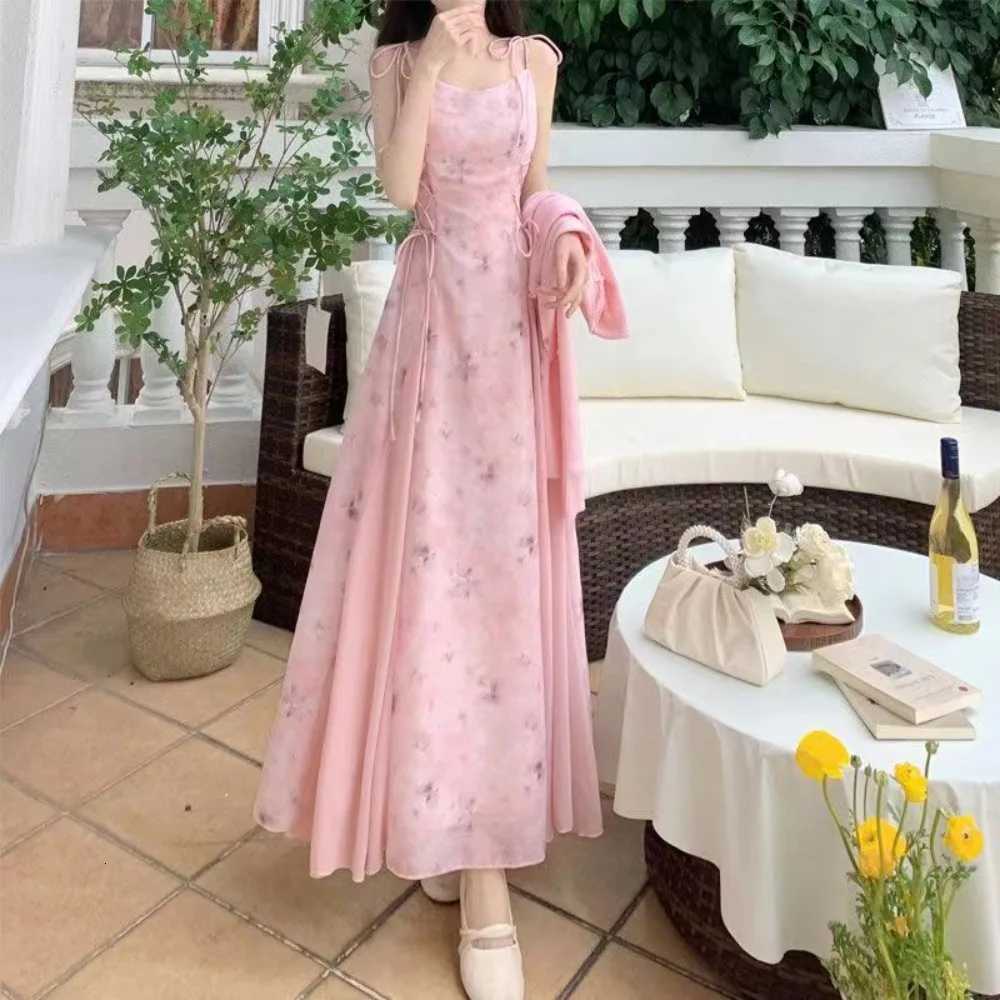 Chinese Modern Style Spaghetti Strap Lace Up Young Girls Green Pink Fashion Summer Midi Dresses 2024 X260306