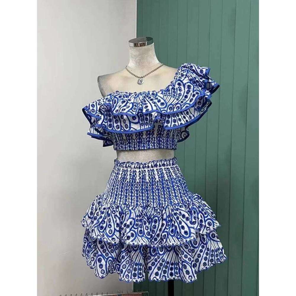 JAMERARY Summer Embroidery 2 Pieces Women Sets Slash Neck Elastic Ruffles Cropped Top + Mini Skirt Suits Hollow Out Outfits Mdng260306