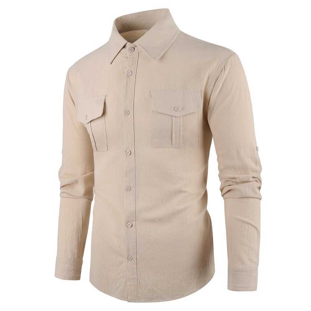 Mens Cargo Shirts Cotton Linen Solid Color Single Breasted Breathable Long Sleeve Shirt Male Casual Button Up M260305
