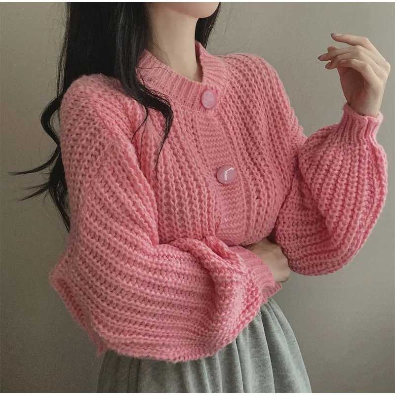 Sweet Simple Solid Color O Neck Womens Short Knitted Cardigan Autumn Fashion Button Lady Casual Long Sleeve Jacket Korean New M260306