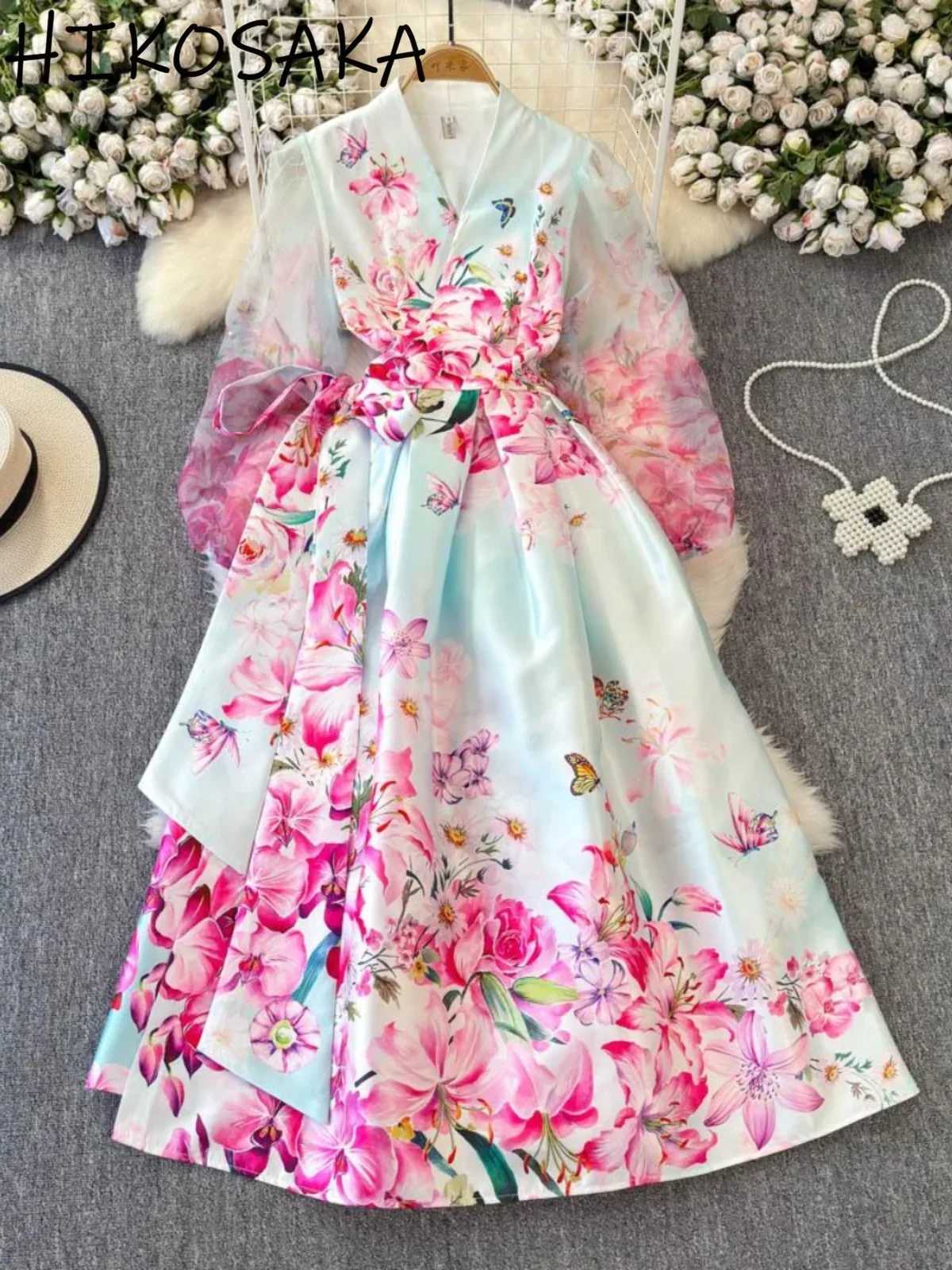 European Fashion Printed Dress Woman 2026 New Slim Waist Lantern Sleeve Temperament Big Swing Robes Gauze Splicing Vestidos X260306