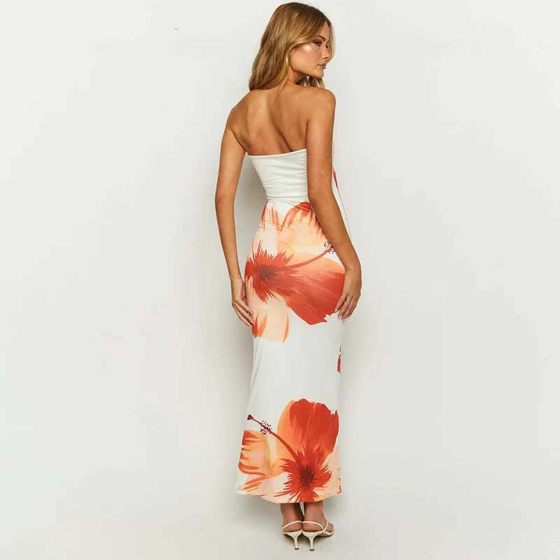 Oshfall European and American 2024 summer trend tube top printed pleated pullover hip wrap long dress X260306