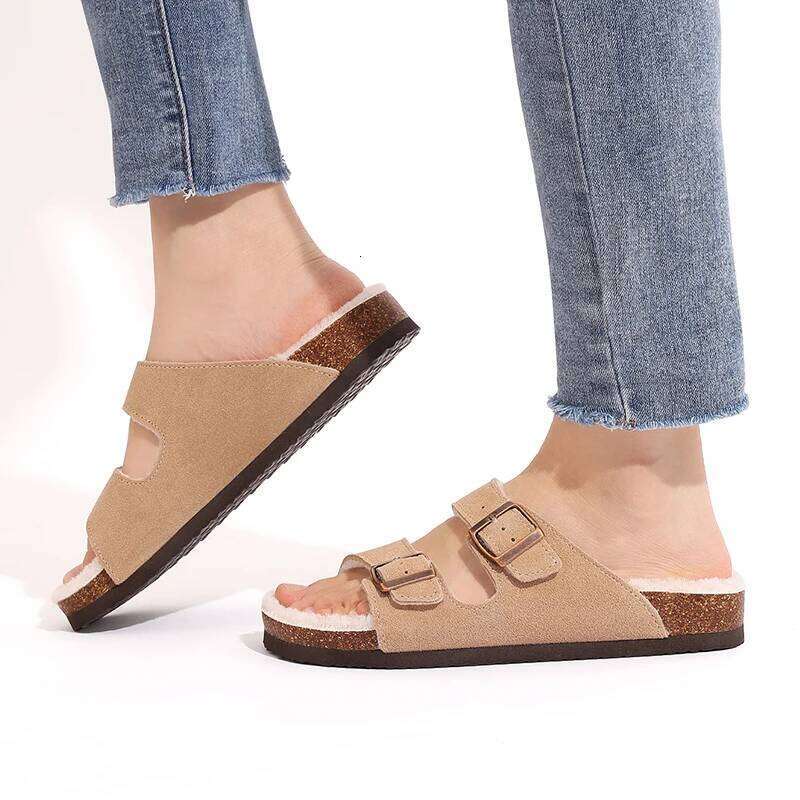 Litfun New Women's Winter Slippers Thick Sole Cork Footed Ladies Slides Fur Lining Warm Sandals With Adjustable Double Buckle