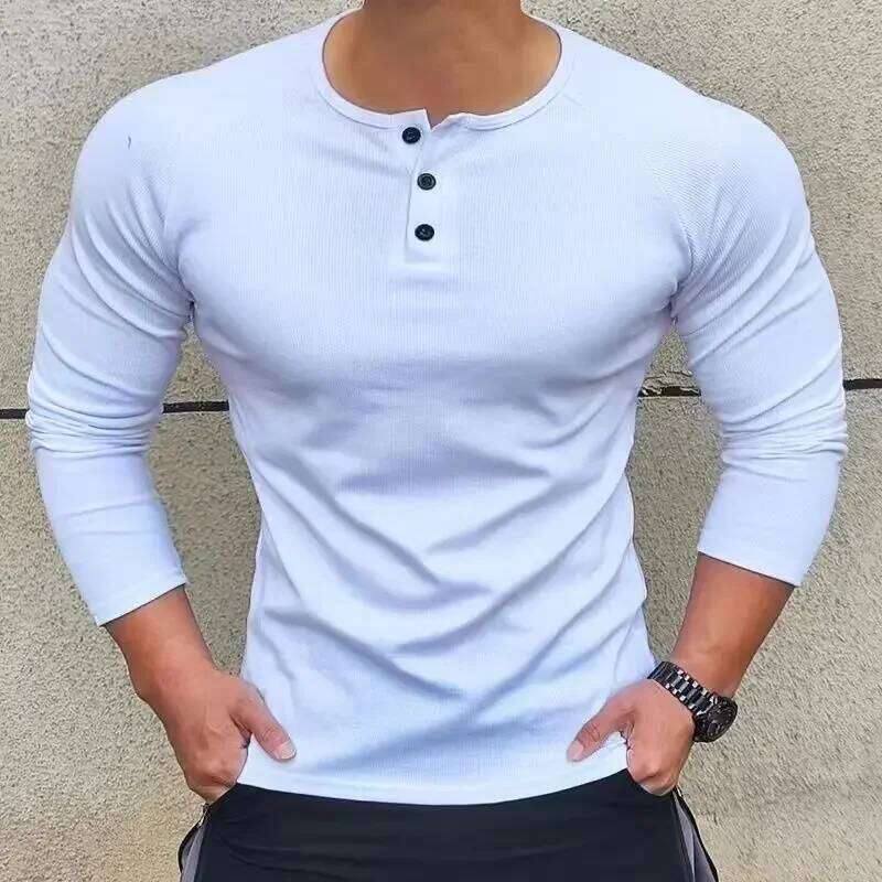 Men's Long Sleeved Henley Fitness Sports Tops Tees Button Neck Casual Cozy Tshirt Fit Autumn T-shirt for Daily We 26H0306
