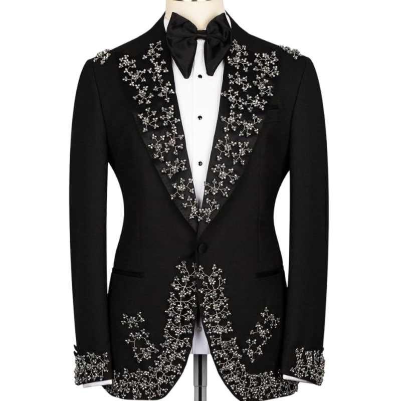 Luxury Crystals Groom Wedding Tuxedos One Button Prom Blazers Peaked Lapel Classic Fit Customized 2 Pieces Outfits