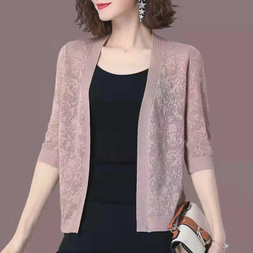 Oversized 2XL Summer Knit Cardigan Coats Korean Elegant Lace Hollow Out Sunscreen Tops Half Sleeve Jackets Cropped Cardigan M260306