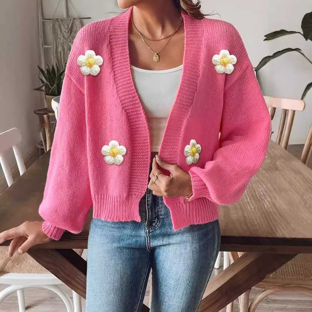 Women Cardigan Sweater Coat Flower Knitted Jacket V Neck Lantern Sleeve Knitwear 2025 Autumn Winter Casual Knitting Outerwear M260306
