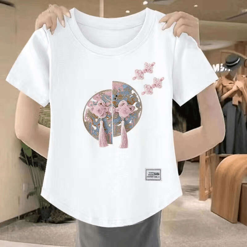 New Chinese Sle Plum Blossom Button Embroidered Pure Cotton White T-irt Women's Slim Fit ort Sve Summer Top