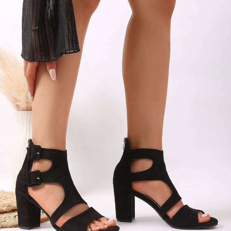 2025 New Fashionable Hollow Design High Heel Outdoor Black Simple Style Women's Sandals