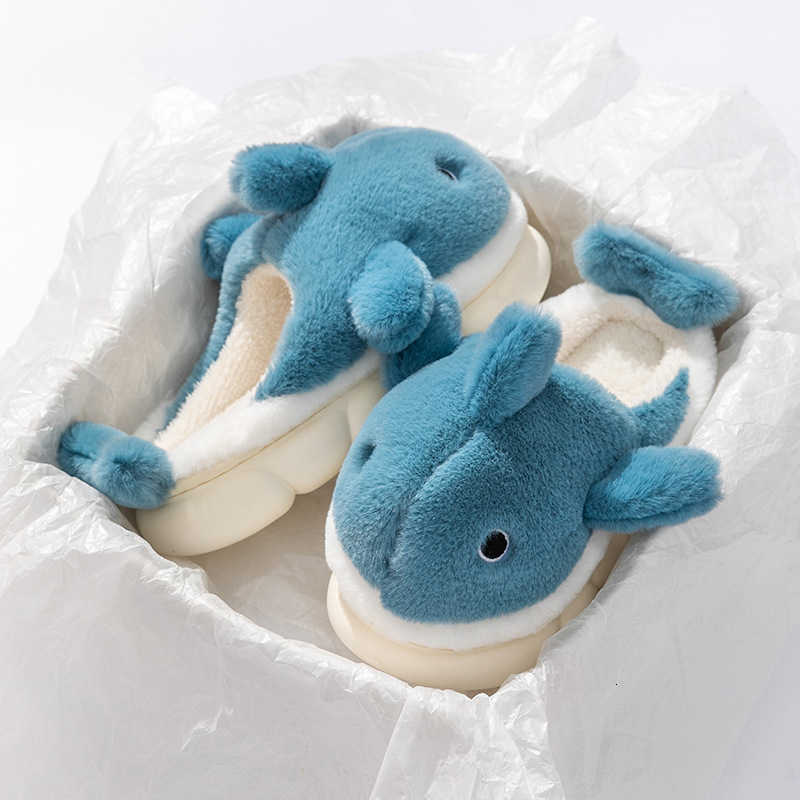 Cute Whale Cotton Slippers Female Winter Couple Indoor Home Mens Winter Cartoon Wool Slippers S260305
