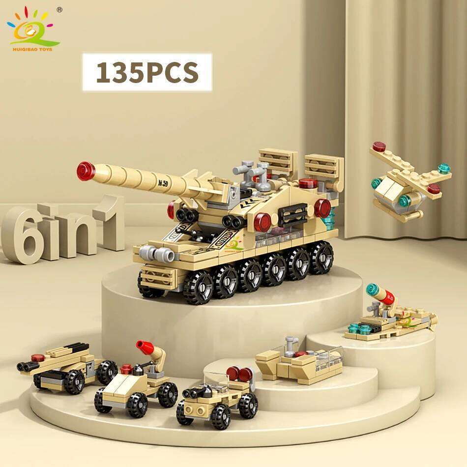HUIQIBAO 6IN1 City Engineering Car Police Truck Building Blocks Tank Helicopter Bricks Fire Fighting Set Toys for Children Z260306