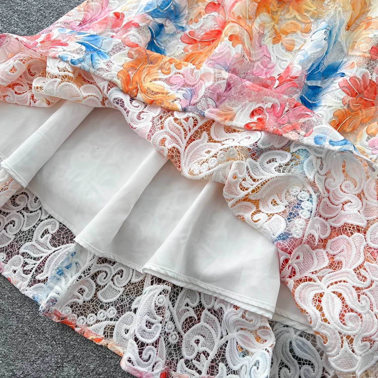 Vintage Elegant Hook flower hollow puff sleeve O Neck sashes Single Breasted Dress Casual Fashion Summer women clothing X260306