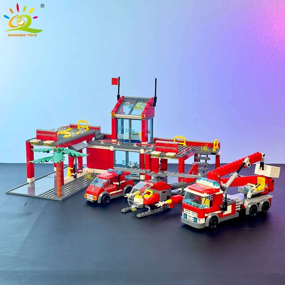 HUIQIBAO 756pcs Station with Helicopter Model Building Blocks Fire Truck Firefighter Bricks City DIY Toys For Children Gift Z260306