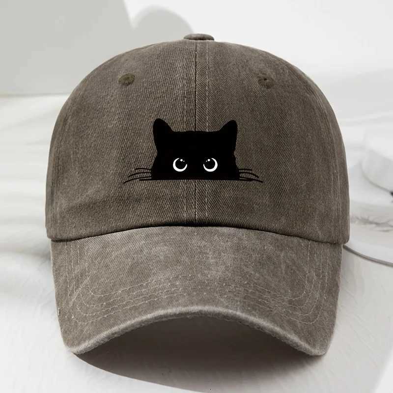 Cute cat print vintage washed baseball cap for men and women versatile casual curved brim hat S260306