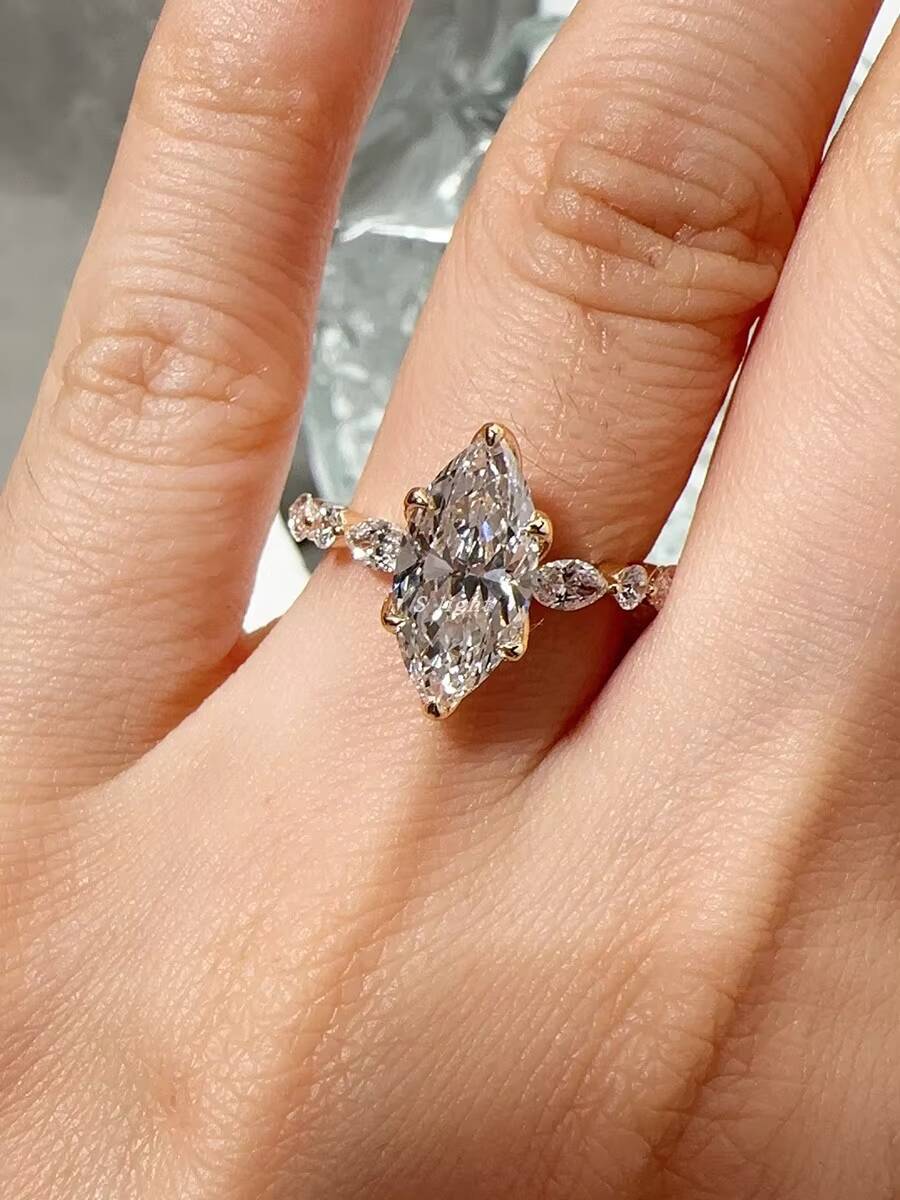 18k Gold Lab Grown Diamond 2 Ct Marquise Cut Fashionable Personalized Niche High-end Big Ring
