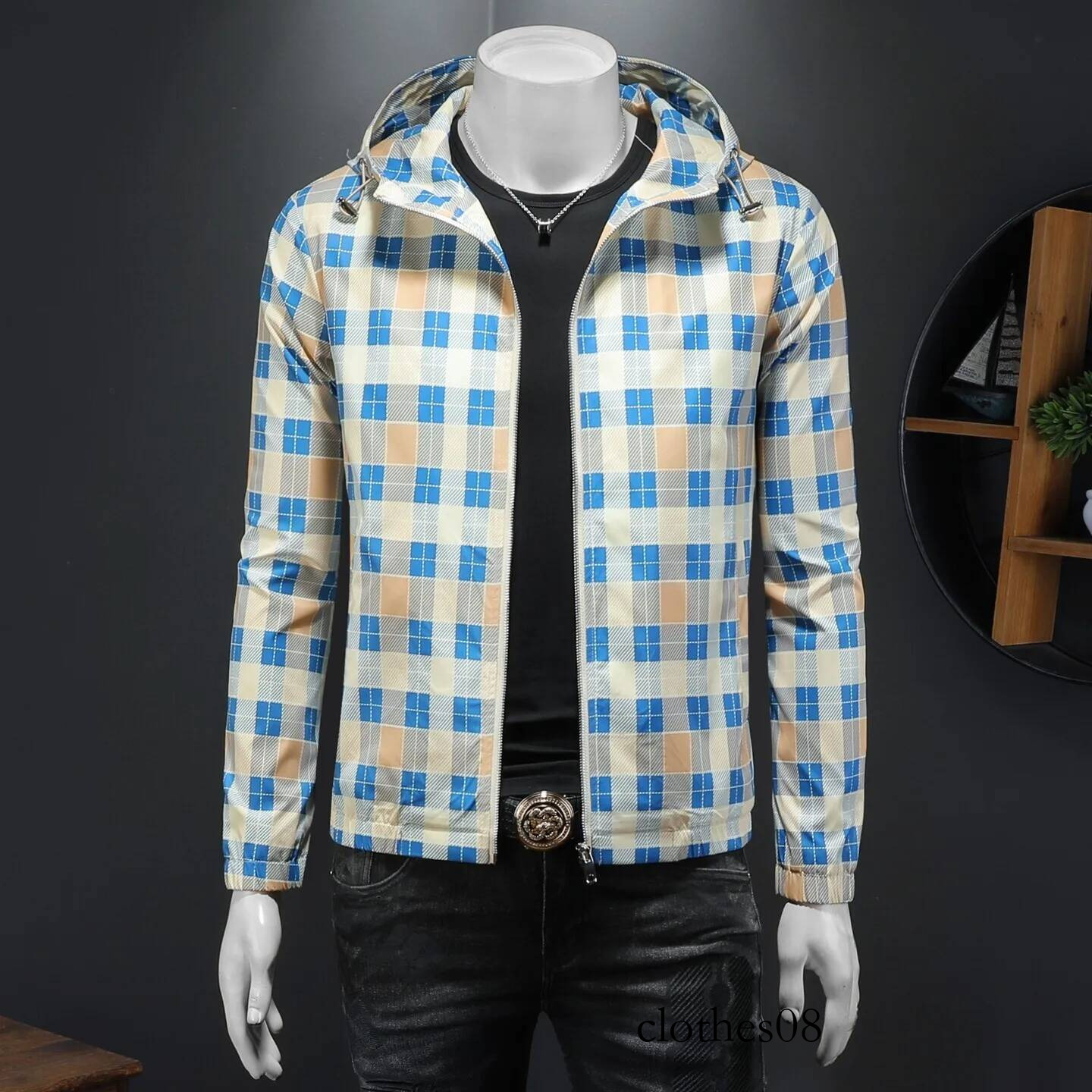 Faionable Plaid Hooded Jaet Spring Autumn High End Men's Outerwear Polyester Fiber Long Sve Zipper Closure