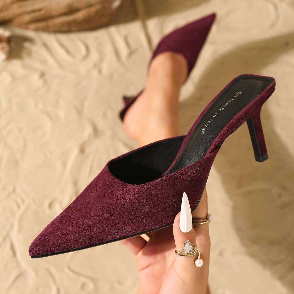 Women's fashionable suede slip-on stiletto heels, elegant, versatile, and comfortable.