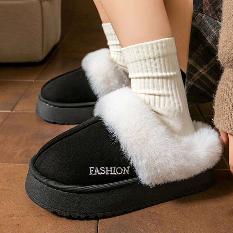 Platform Fluffy Slippers Women House Flats Fashion Plush Winter Warm Outdoor Indoor Shoes Ladies Home Elegant Casual Footwear
