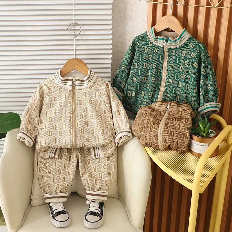 Kids Tracksuits 2Pcs, 2025 Spring Autumn Monogram Jacquard Jacket & Pants Set, Boys Casual Sports Outfits 5YT260306