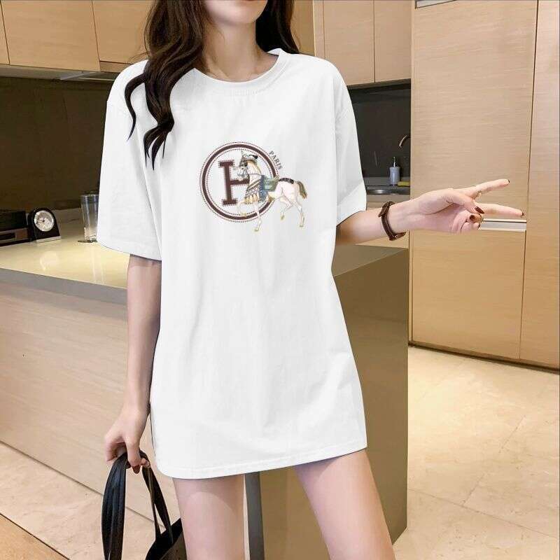 100% Cotton Short-Sleeve T-Shirt For Women, Loose Fit, New Summer Style, Paired With Shark Pants, Mid-Length Top That Covers The Hips, Stylish Asia Si