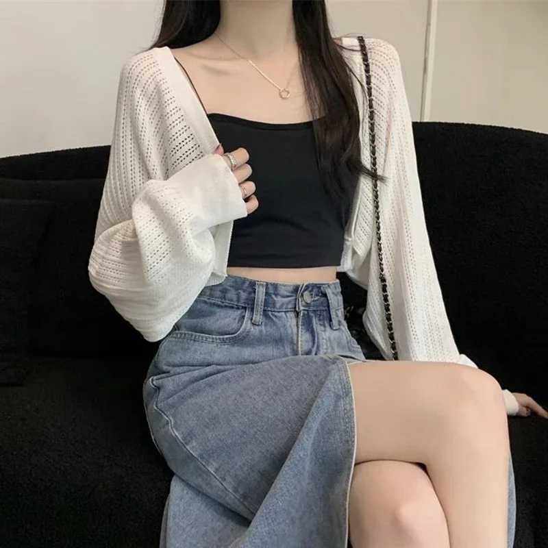 Fashion Hollow Out Sunscreen Cardigan Women Lantern Sleeve Thin Short Knitted Cardigans Woman Elegant Simple Crop Smock Top M260306