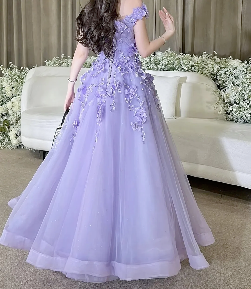 New Modern Purple Prom Party Dress 2026 Off the Shoulder 3D Flowers Lace Tulle Evening Birthday Formal Gowns Pageant Dresses Arabic Dubai Robe De Soir